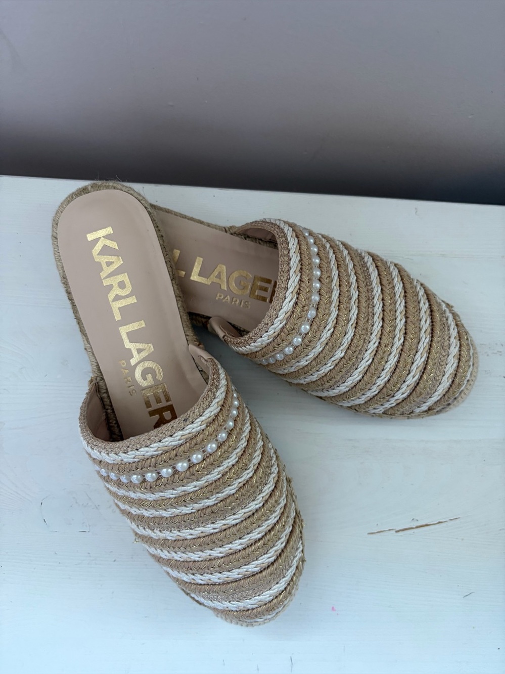 Karl Lagerfeld Beige Braided Pearl-Trim Slip-On Mules